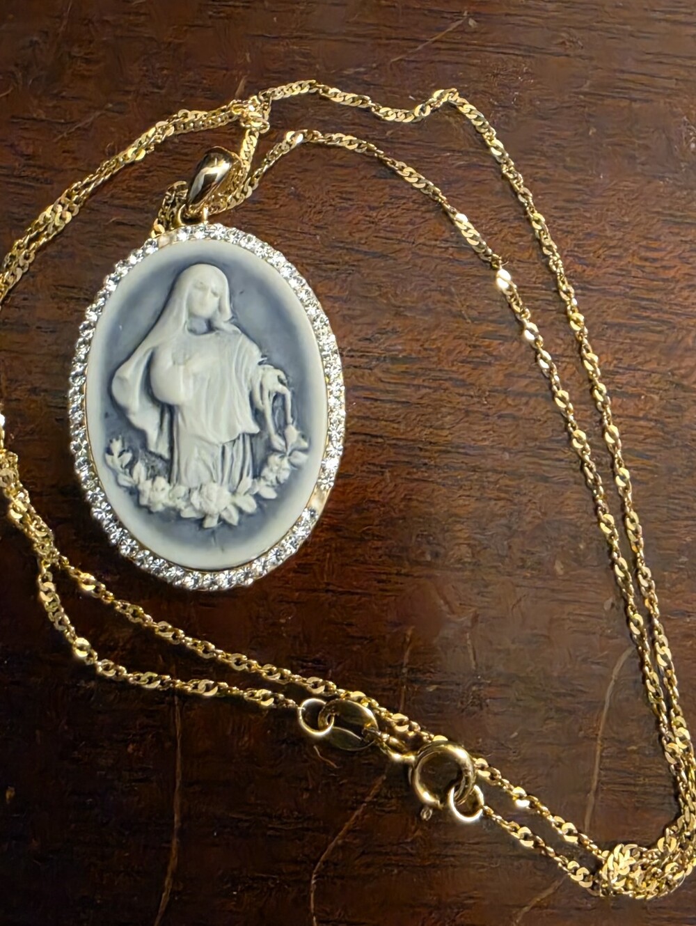 Christmas Gift Blue White Cameo Mother virgin MARY Gold Tone  Necklace